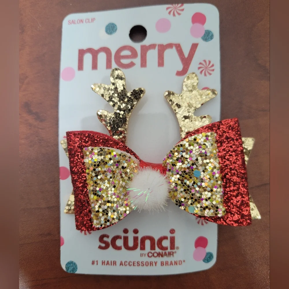 Scunci Kids Festive Hair Clips Christmas Tree & Bow With Antlers Nwt